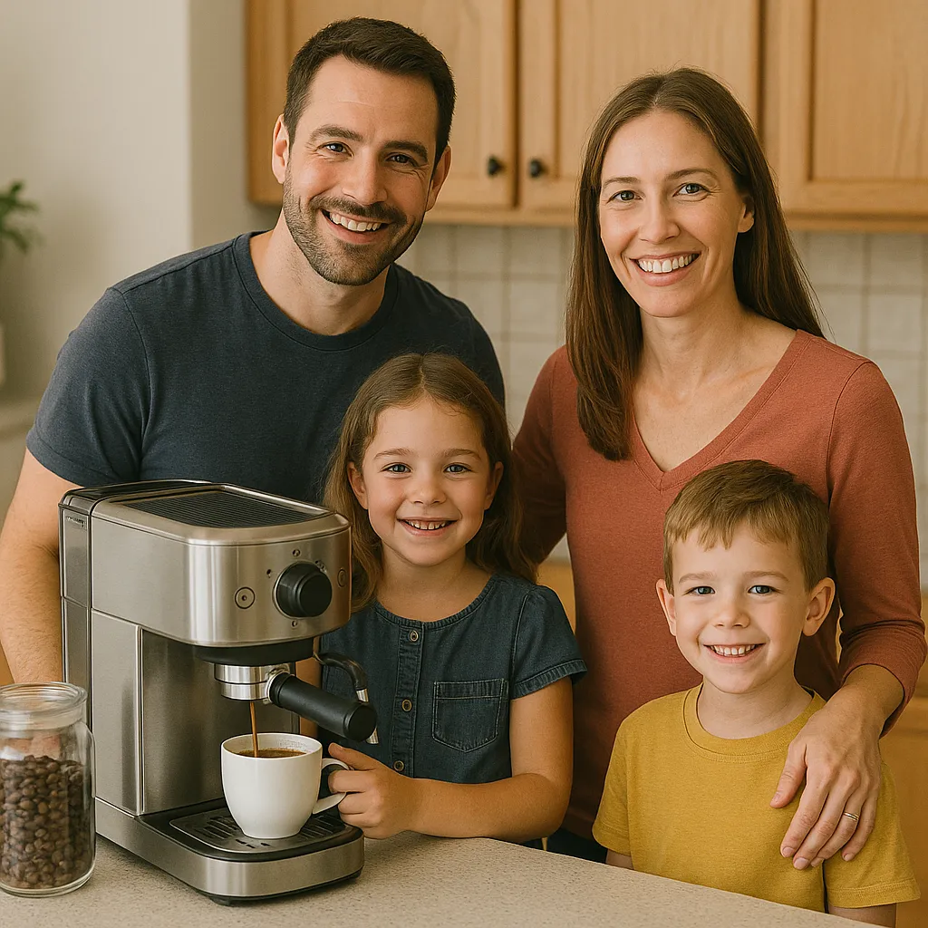 Bild eines Kindes und zwei Erwachsene mit Kaffeemaschinen
